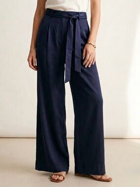 New FRNCH Wide Leg Belted Trouser Pants Size Small Navy Blue